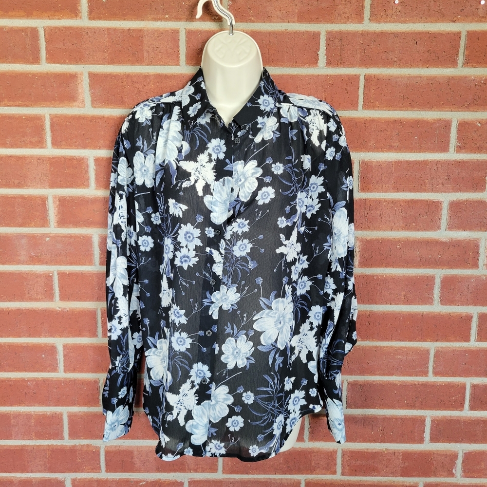 Who What Wear M Black Blue Floral Sheer Button Front Blouse.   #414